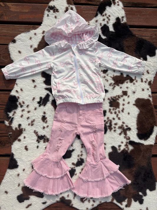3.18 GT0873+P0005 Baby Girls Spring Bows Pink Hooded Zip Pullovers Top Bell Denim Jeans Clothes Set