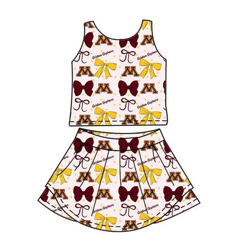 7.3 Custom Moq 3 Baby Girls Sleeveless Gophers Bows Vest Top Short Skirts Set