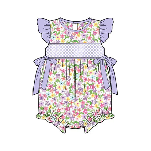 3.22 SR2928 Baby Infant Girls Lavender Flutter Sleeves Floral Bows Top Ruffle Rompers Preorder