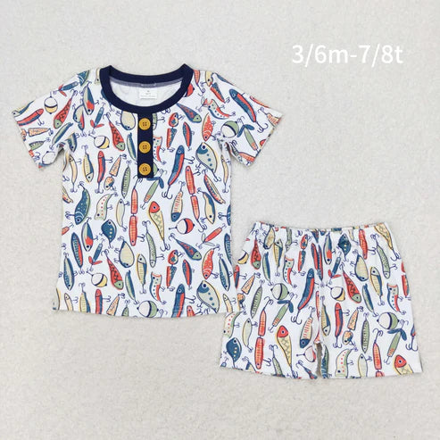 BSSO0987 Fishing navy blue trim short-sleeved shorts pajama set