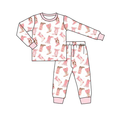 5.19 GLP2358 Baby Girls Long Sleeves Pink Bows Boots Top Pant Pajamas Set Preorder