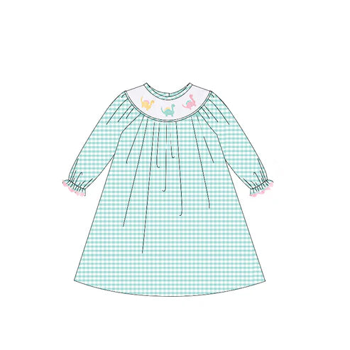 3.25 GLD1022 Baby Girls Aqua Plaid Long Ruffle Sleeves Smocked Dinosaurs Knee Length Dresses Preorder