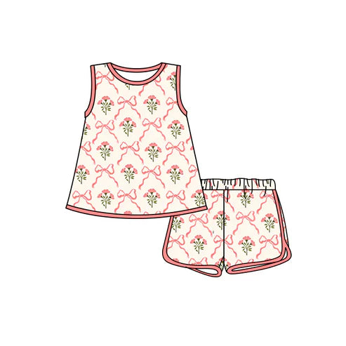 4.25 Preorder(moq 3) Baby Girls Sleeveless Pink Bows Flowers Tunic Short Set