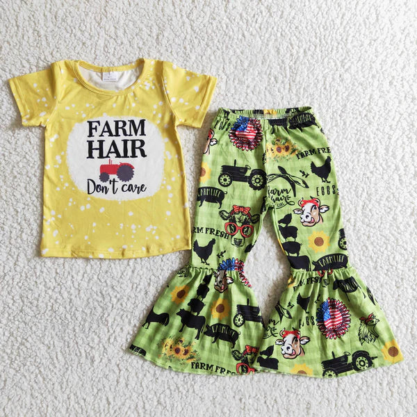 B12-28 Yellow short-sleeved flared pants suit