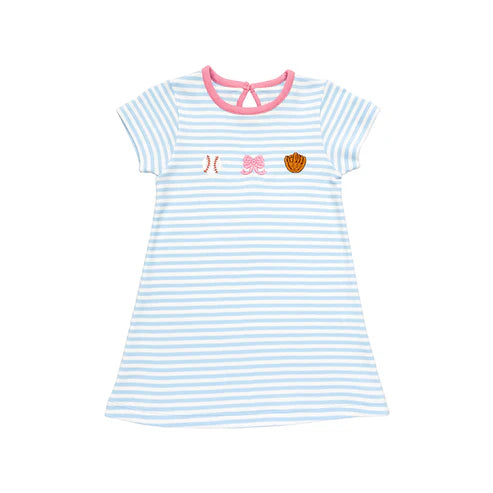 3.22 GSD2220 Baby Girls Light Blue Stripe Short Sleeves Bows Baseball Knee Length Dresses Preorder