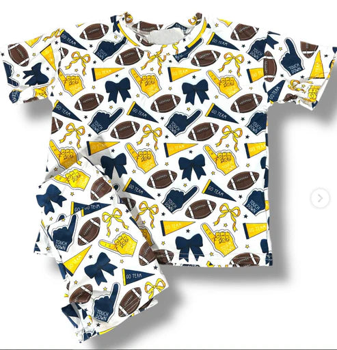 10.23 GSSO2721 Baby Girls Navy Yellow Bows Footballs Top Shorts Team Pajamas Sets