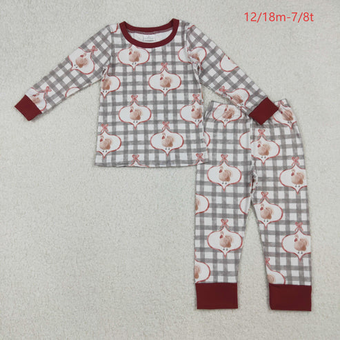 10.10 GLP2885 Baby Girls Green Checked Turkey Top Pant Thanksgiving Pajamas Set