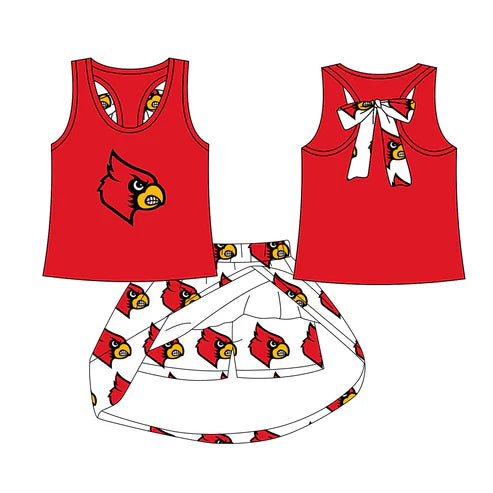 8.1 Custom Moq 5 Baby Girls Red Bird bow vest team Top Skirt Skort Sets