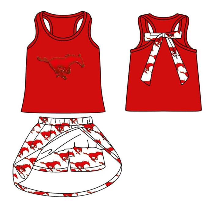 8.20 Custom Moq 5 Baby Girls Red Sleeveless Horse Vest Top Plaid Skorts Team Set