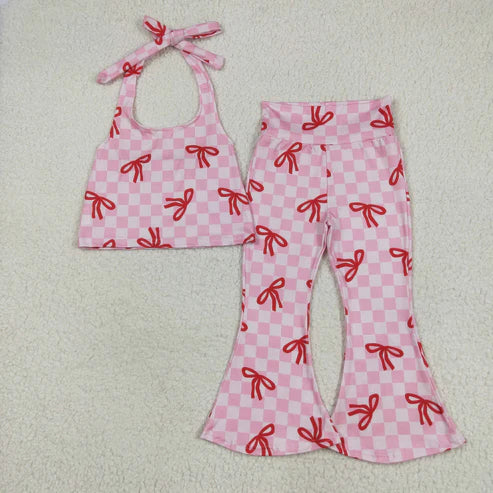 6.9  GSPO2030 Baby Girls Strap Pink Plaid Vest Top Bell Bottom Pant Set