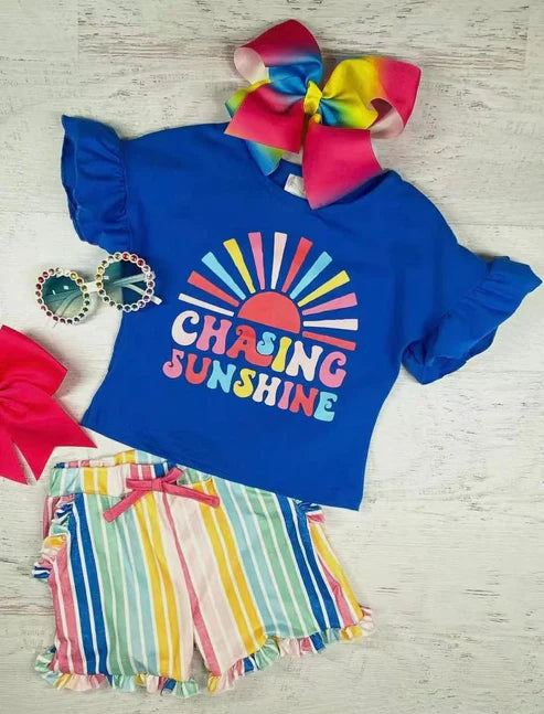 3.20 GSSO2365 Baby Girls Hot Blue Short Ruffle Sleeves Rainbow Suns Top Stripe Short Clothes Set Preorder