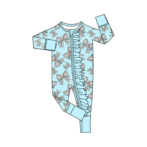 8.6 LR2530 Baby Girls Blue Snowmen Bows Plaid Christmas Zipper Footie Rompers Preorder