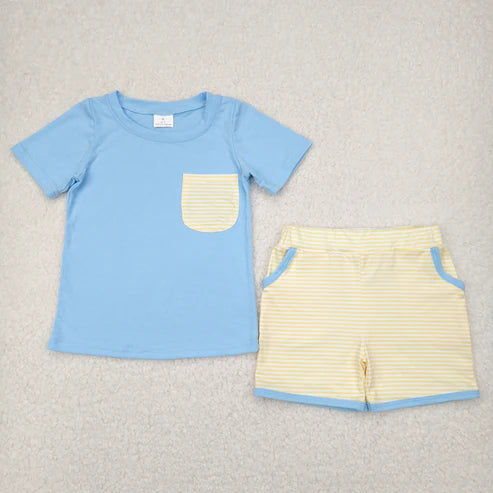 4.12 BSSO1393 Baby Boys Blue Pocket Top Stripes Pockets Shorts Clothes Set