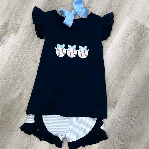 6.7 GSSO2661 Baby Girls Navy Flutter Sleeves Baseballs Tunic Ruffle Stripe Shorts Set Preorder