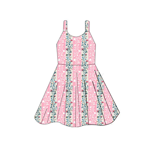 6.12 GSD2596 Baby Girls Pink Sleeveless Floral Leopard Stripe Knee Length Dresses Preorder