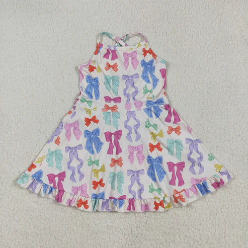 5.9  GSD2291 Baby Girls Strap Colorful Bows Yoga Ruffle Knee Length Dress