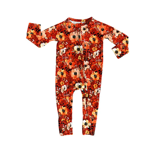 8.28 LR2603 Baby Girls Orange Floral Fall Zipper Footie Rompers Preorder