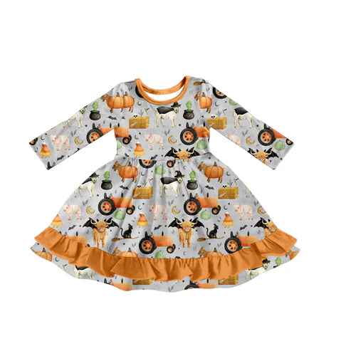 7.29 GLD1207 Baby Girls Long Sleeves Bats Farm Pumpkins Ruffle Knee Length Dress Preorder
