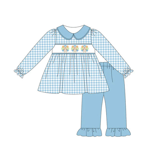 6.14 GLP2386 Baby Girls Blue Long Sleeves Turkey Tunic Ruffle Pants Clothes Set Preorder