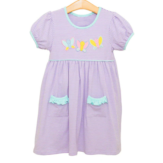 3.26  GSD2239 Baby Girls Lavender Short Ruffle Sleeves Stripe Butterfly Pockets Knee Length Dresses Preorder