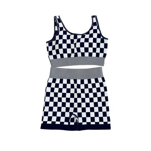 7.1 no moq GSSO2689 PRE-ORDER adult clothes plaid sleeveless shorts set
