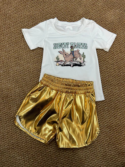 BT0559+SS0417 Baby Girls Easter Rodeo Tops Golden Metallic Shorts Outfit