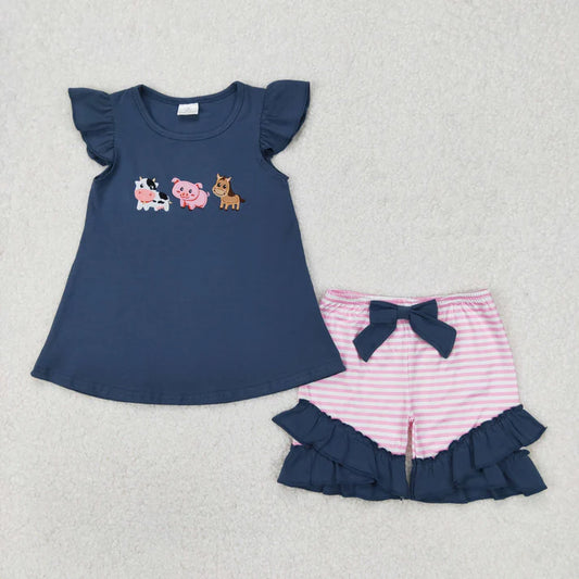 3.26 GSSO2110 Baby Girls Blue Farm Animals Shirt Stripes Shorts Clothes Set