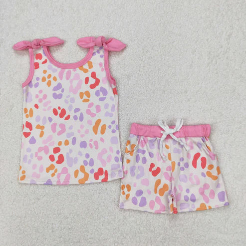3.29 GSSO2081 Baby Girls Pink Leopard Bows Top Shorts Clothes Set