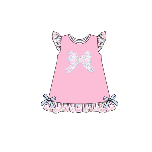 6.14 GSD2586 Baby Girls Pink Flutter Sleeves Flower Bows Top Ruffle Knee Length Dress Preorder