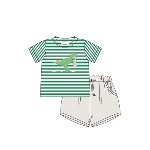 3.20 BSSO1416 Baby Boys Green Stripe Short Sleeves Dinosaur Top Gray Pockets Short Clothes Set Preorder