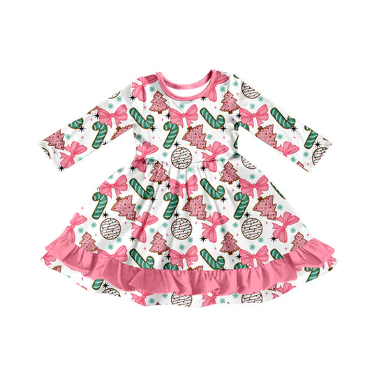 7.25 GLD1228 Baby Girls Long Sleeves Christmas Trees Candy Cane Ruffle Knee Length Dress Preorder