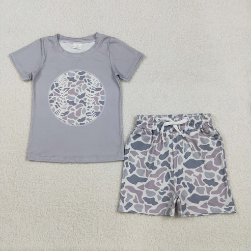 12.8 BT1430+SS0730 Baby Girls Light Grey Camo Baseball Top Pockets Short Team Clothes Set