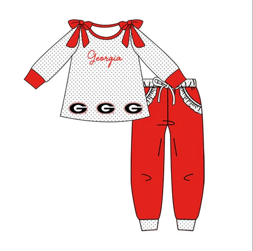 10.15 Custom Moq 8 Baby Girls Bows Georgia Team Long Sleeve Top Pants Clothes Set