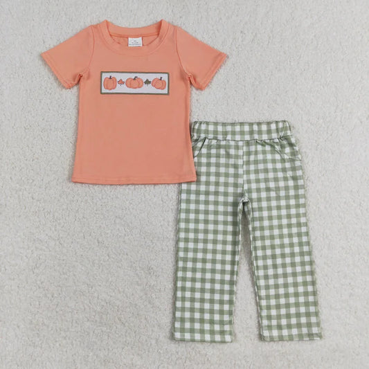 BSPO0451 Embroidered pumpkin leaves pink orange short sleeve green plaid pantsuit