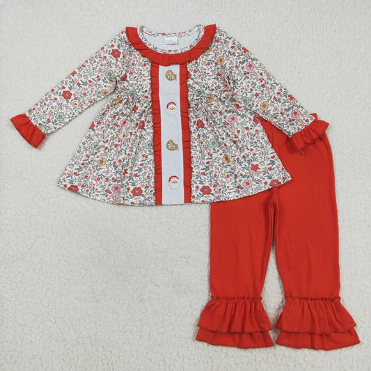 8.21 GLP2635 Baby Girls Christmas Hat Green Face Flowers Top Ruffle Pants Pajamas Set