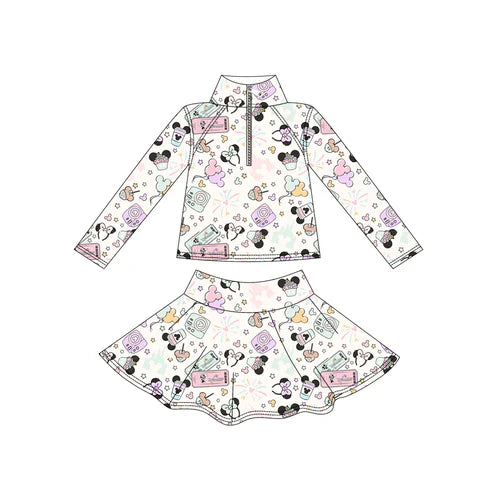 9.8 Custom Moq 5 Baby Girls Long Sleeve Cartoon White Zip Pullover Skorts Yoga Clothes Sets