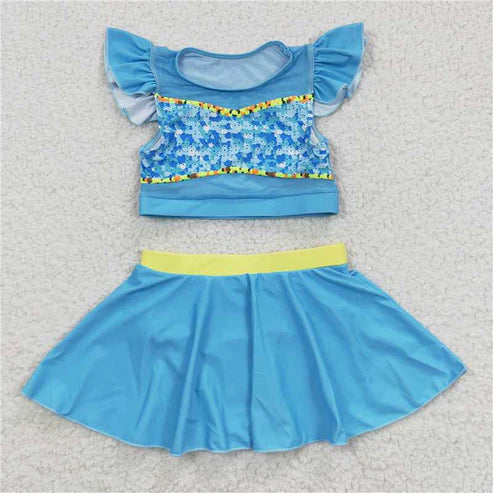 S0148 Blue sequin tulle skirt swimsuit set