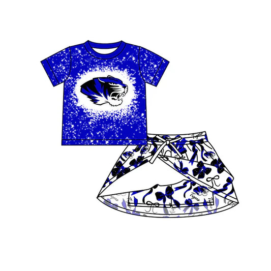 7.10 Custom Moq 3 Baby Girls Short Sleeves Blue Tigers Top Bows Skorts Team Sets