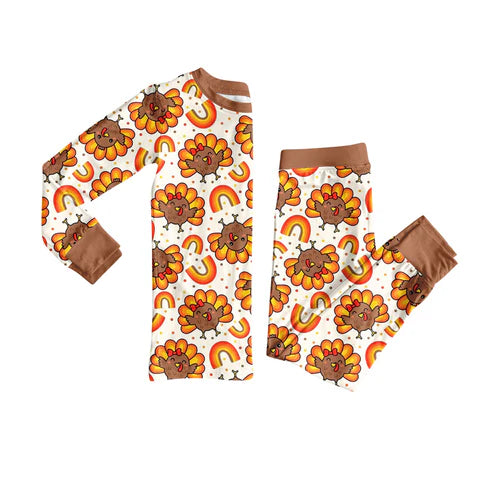 7.28 GLP2613 Baby Girls Long Sleeves Turkey Rainbows Top Pant Pajamas Set Preorder