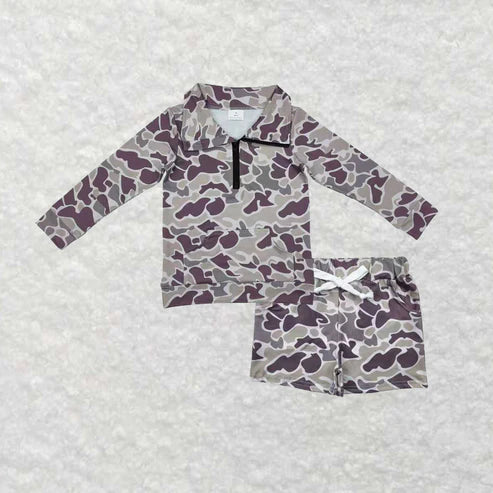 10.7 BT1036+SS0454 Baby Boys Grey Lavender Camo Zipper Pocket Pullover Pockets Shorts Southern Clothes Set