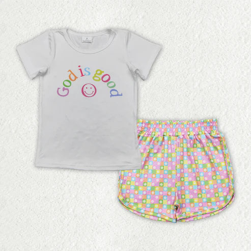 4.25 GT0958+SS0474 Baby Girls GOD IS GOOD Top Plaid Flowers Shorts Set