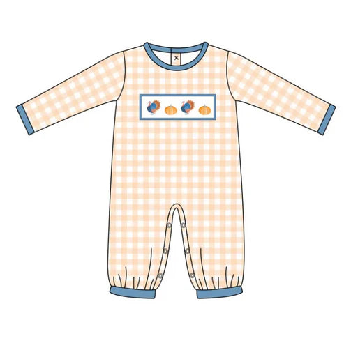 7.30 LR2437 Baby Boys Plaid Long Sleeves Turkey Pumpkins Pant Rompers Preorder