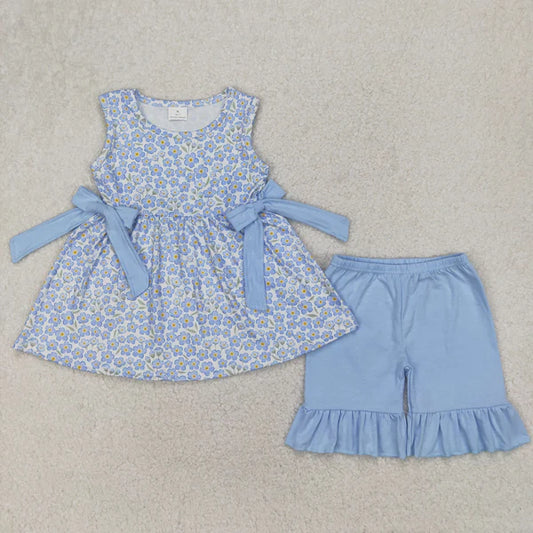 4.8  GSSO2204 Baby Girls Blue Flowers Bows Tunic Top Ruffle Shorts Clothes Set