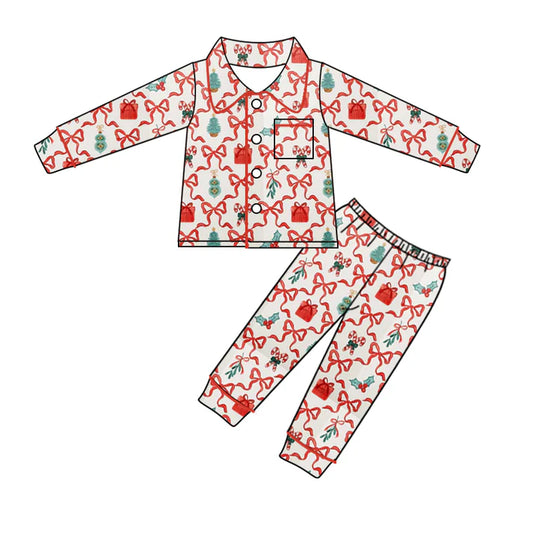 6.11 GLP1994 Baby Girls Christmas Bows Gifts Buttons Top Pants Pajamas Clothes Sets Preorder