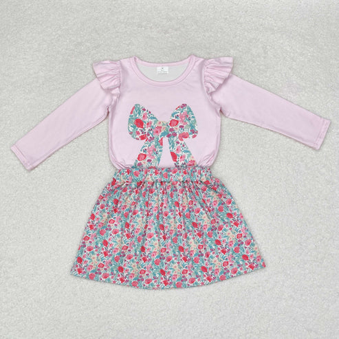 GT0699+GLK0032 Baby Girls Fall Pink Bow Tee Flowers Skirt Clothes Set