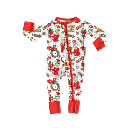 8.6 LR2525 Baby Boys Long Sleeves Christmas Green Face Holly Zipper Footie Rompers Preorder