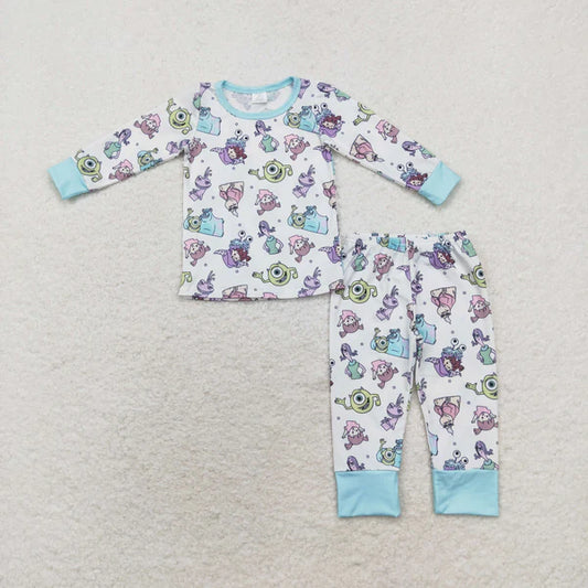 4.8 Bamboo rts no moq BLP0631 Modal Monsters University blue and white long-sleeved long pants pajama set