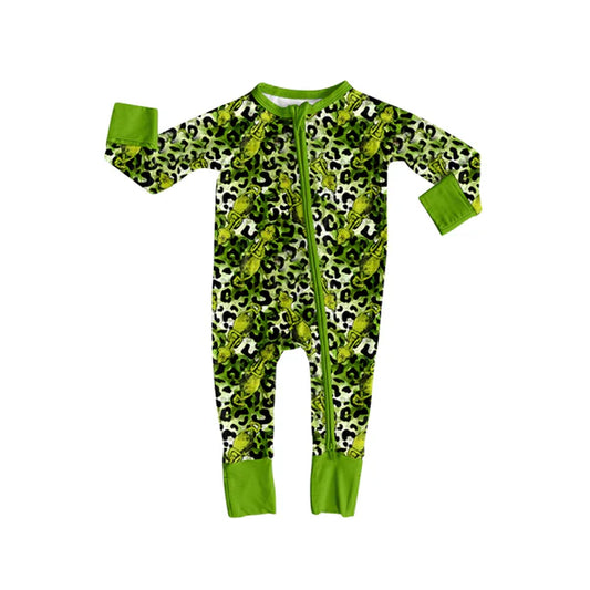 7.25 LR2488 Baby Boys Long Sleeves Christmas Green Face Leopard Zipper Rompers Preorder