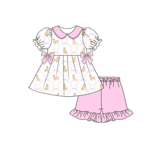 4.16 GSSO2532 Baby Girls Dogs Bows Tunic Pink Ruffle Short Set Preorder
