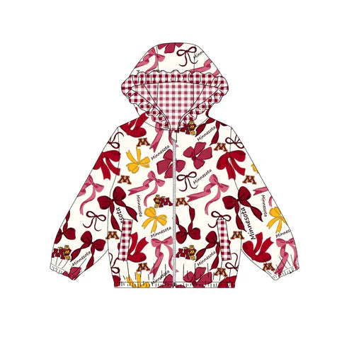 9.9 Custom Moq 5 Baby Girls Wine Red Minnesota Team Zipper Hoodies Tops